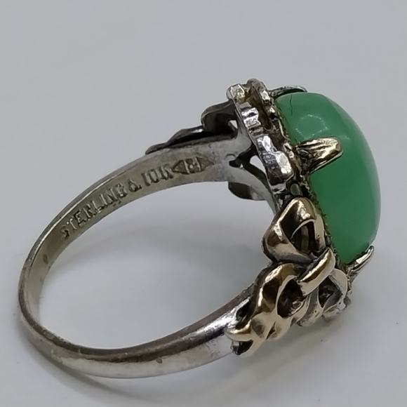 Antique Art Nouveau Clark Cloombs Chrysoprase Cabochon Ring Sterling 10K 5.5 - Picture 2 of 9